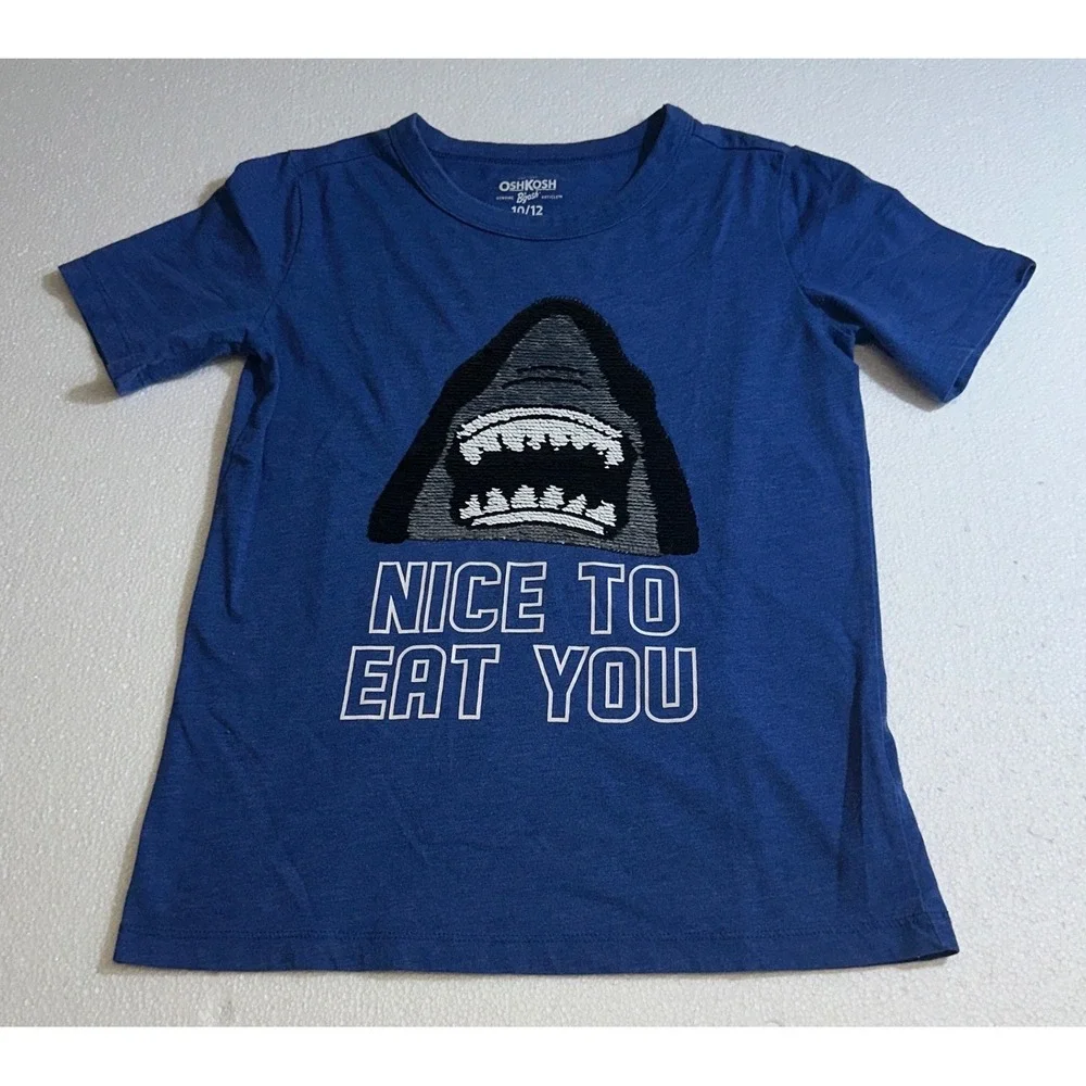 OshKosh Boys Blue Shark Sequin Graphic T-Shirt Nice‎ To Eat You Size 10/12